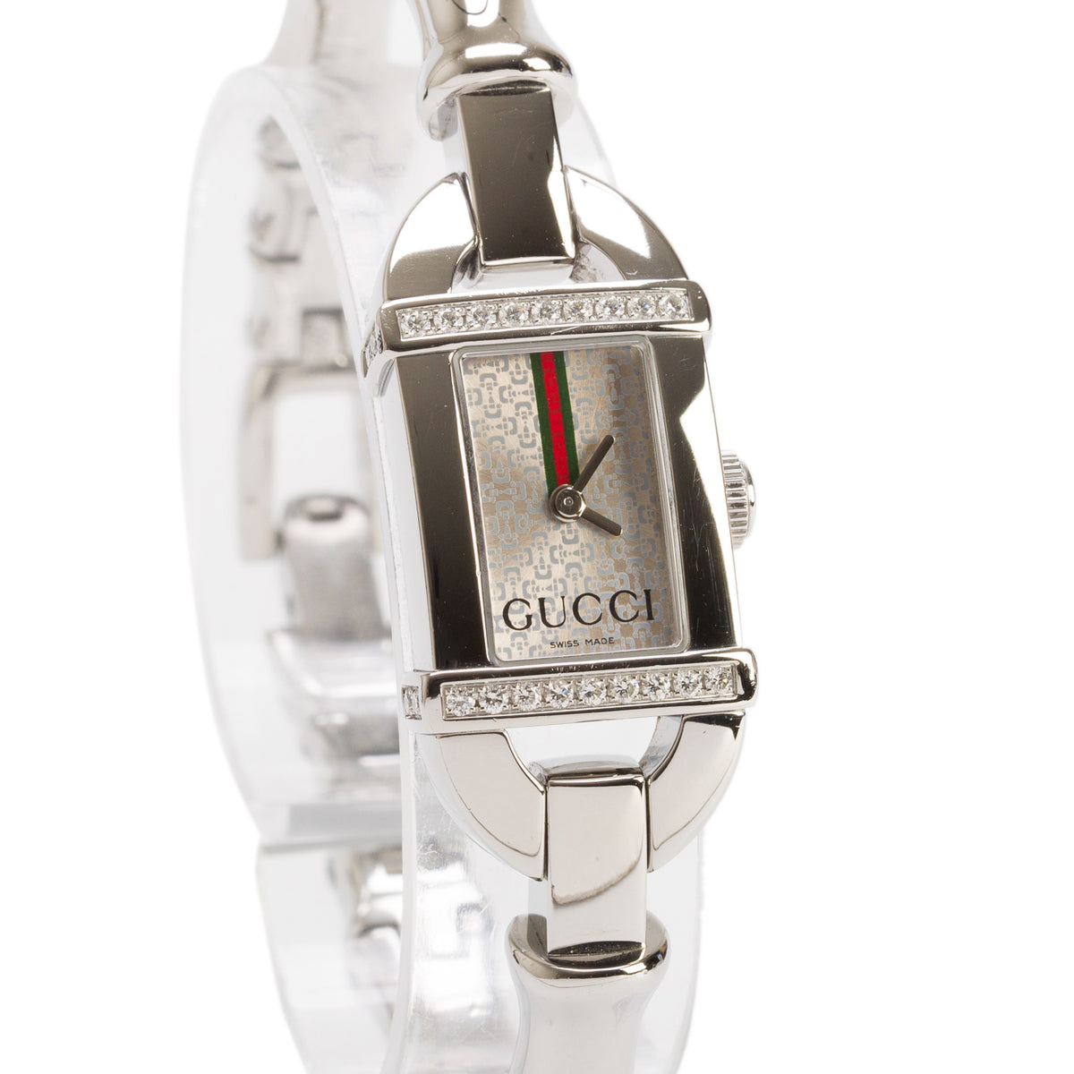 Gucci Stainless Steel Diamond Bezel Bamboo 6800L Watch Silver Web Dial