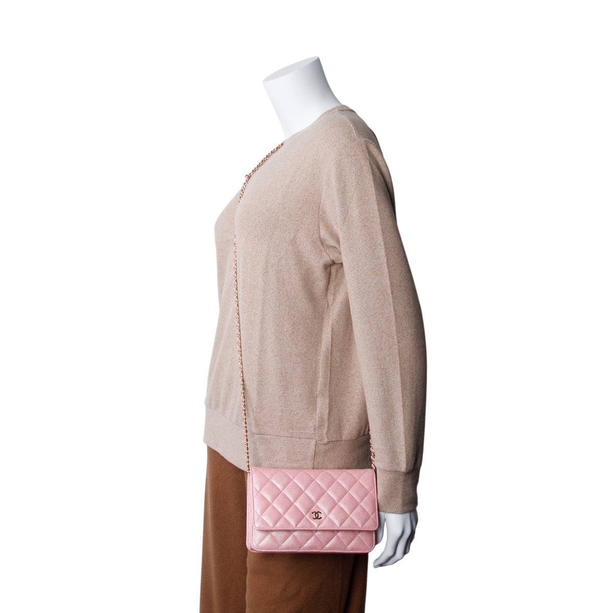 Chanel Pink Iridescent Caviar Quilted Classic Wallet on Chain w/ Box & Authenticity Card