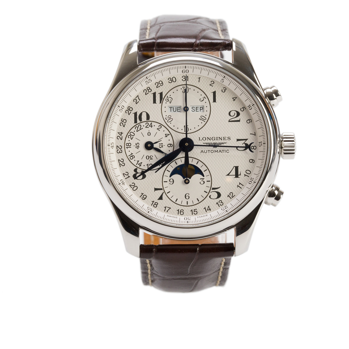 Longines Stainless Steel Master Collection 42 MM Automatic Moonphase Chronograph Watch Silver Dial w/ Box & Papers