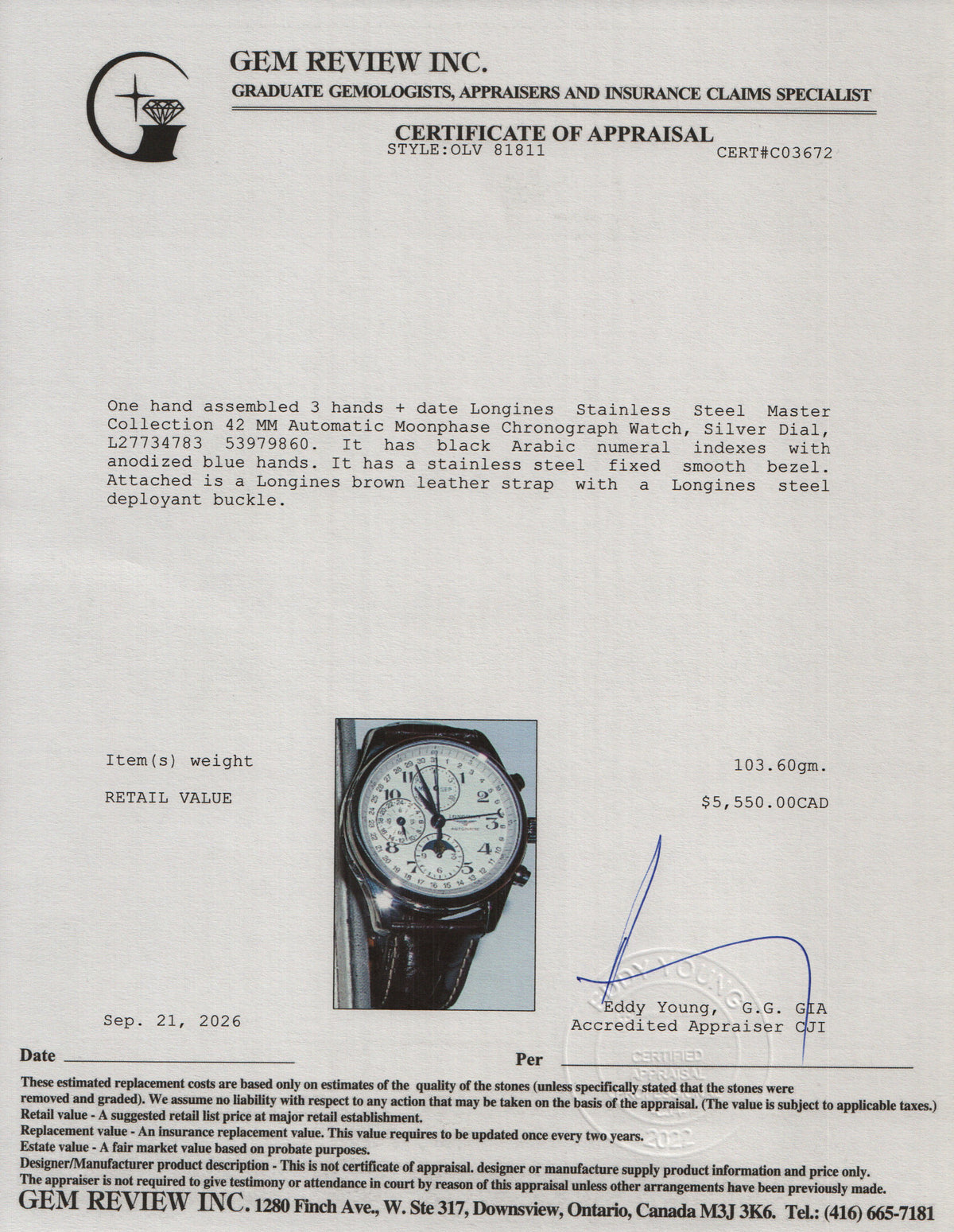 Longines Stainless Steel Master Collection 42 MM Automatic Moonphase Chronograph Watch Silver Dial w/ Box & Papers