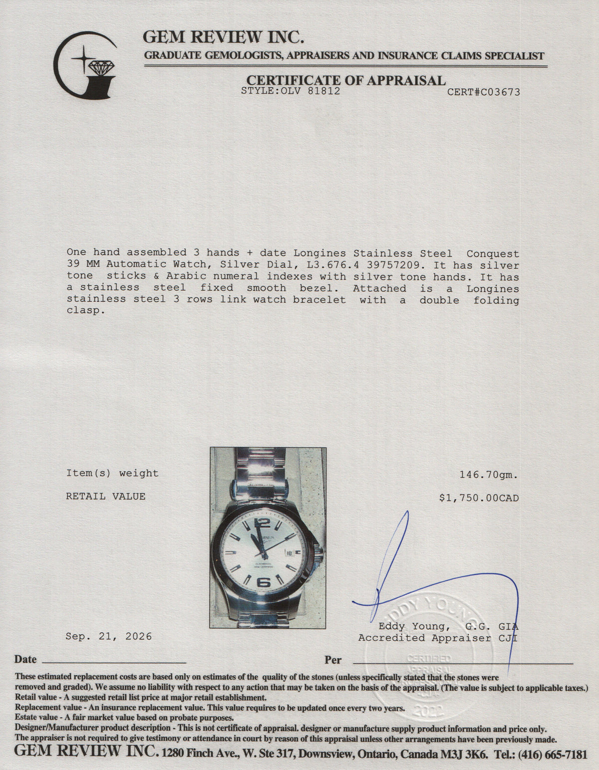 Longines Stainless Steel Conquest 39 MM Automatic Watch Silver Dial