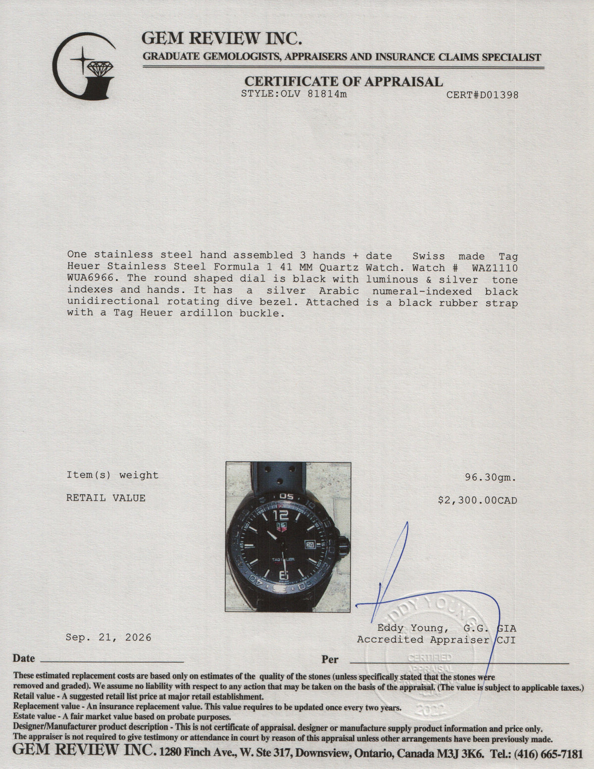 Tag Heuer Stainless Steel Formula 1 41 MM Quartz Watch Black Dial WAZ1110