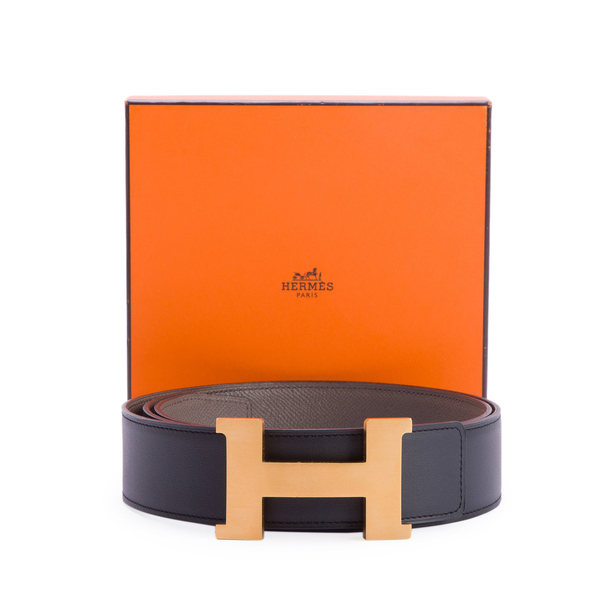 Hermes Noir Box & Etoupe Epsom Leather Reversible 30 MM H Belt Kit, Size 110 w/ Box
