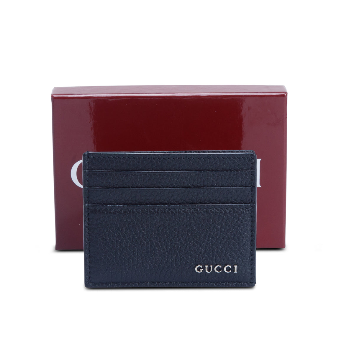 Gucci Black Grained Leather Logo Card Holder w/ Box