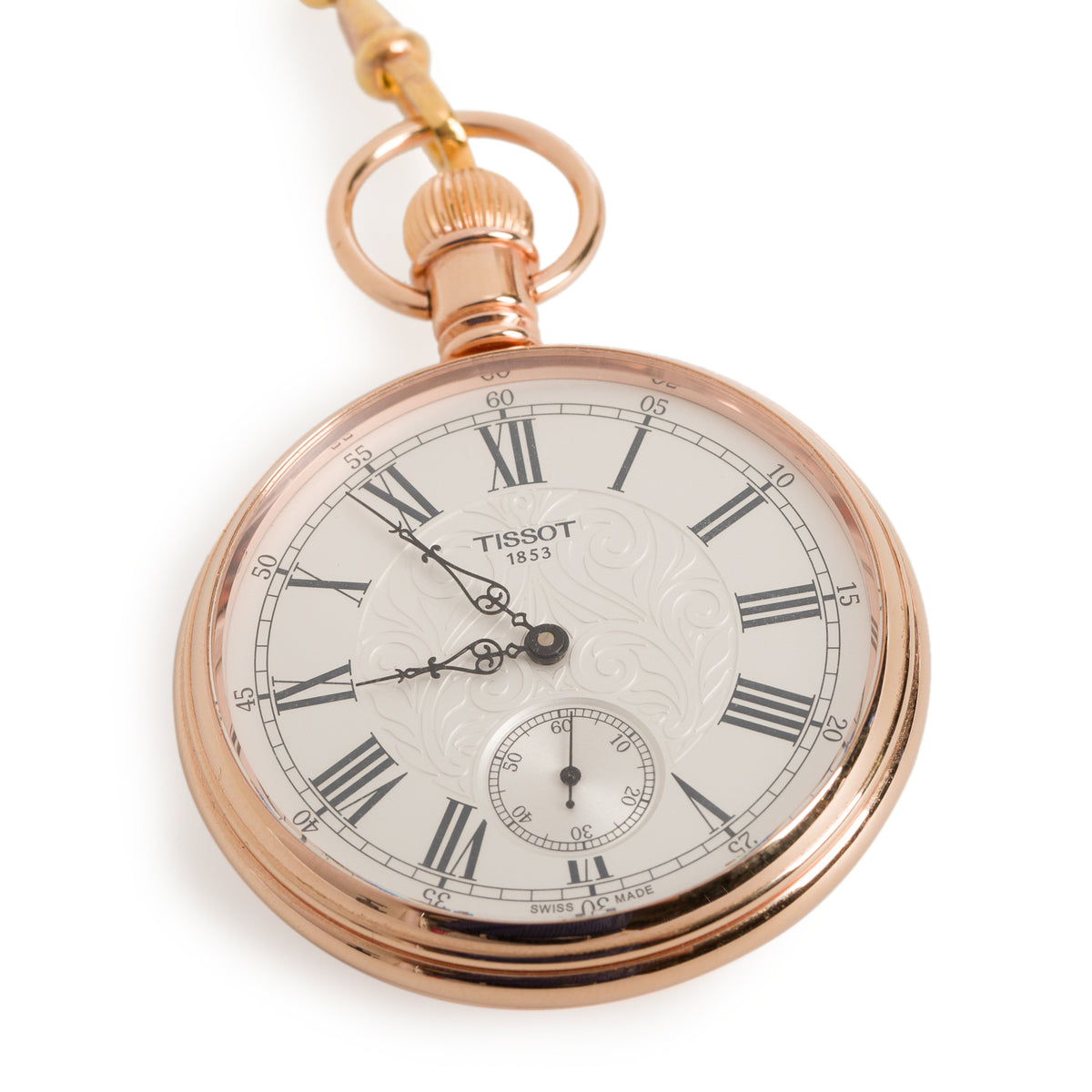 Tissot 2023 Rose-Gold Plated Stainless Steel Lepine 51 MM Manual Pocket Watch Silver Dial w/ Box , Papers& Chain