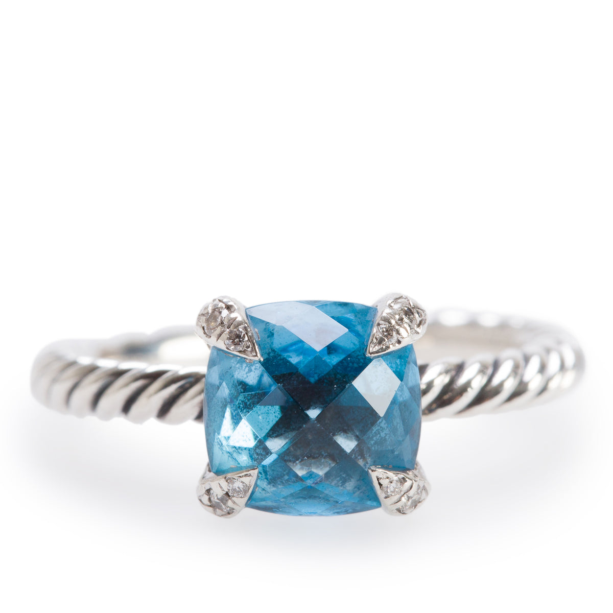 David Yurman Sterling Silver 8 MM Topaz & Diamond Chatelaine Ring, Size 5.25