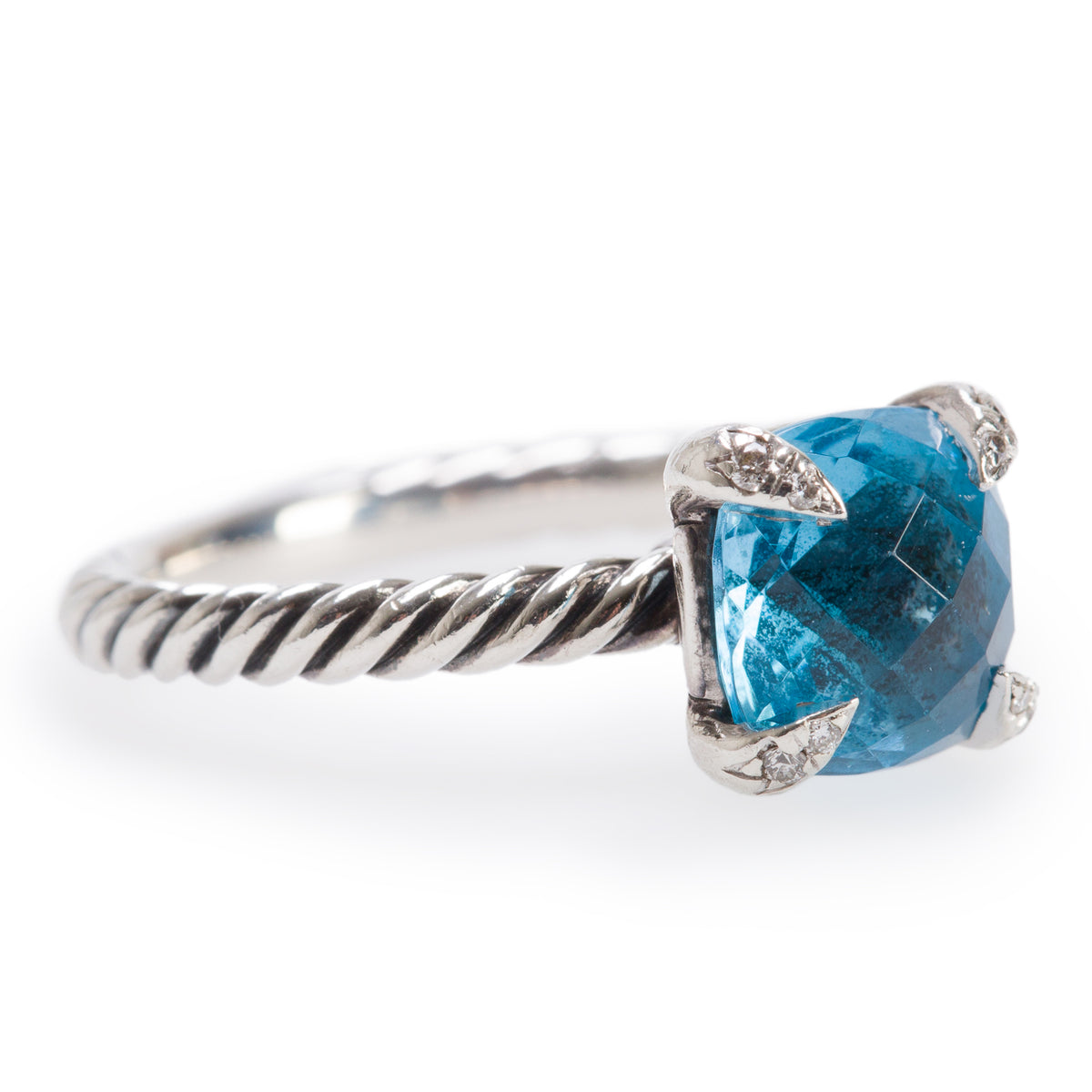 David Yurman Sterling Silver 8 MM Topaz & Diamond Chatelaine Ring, Size 5.25