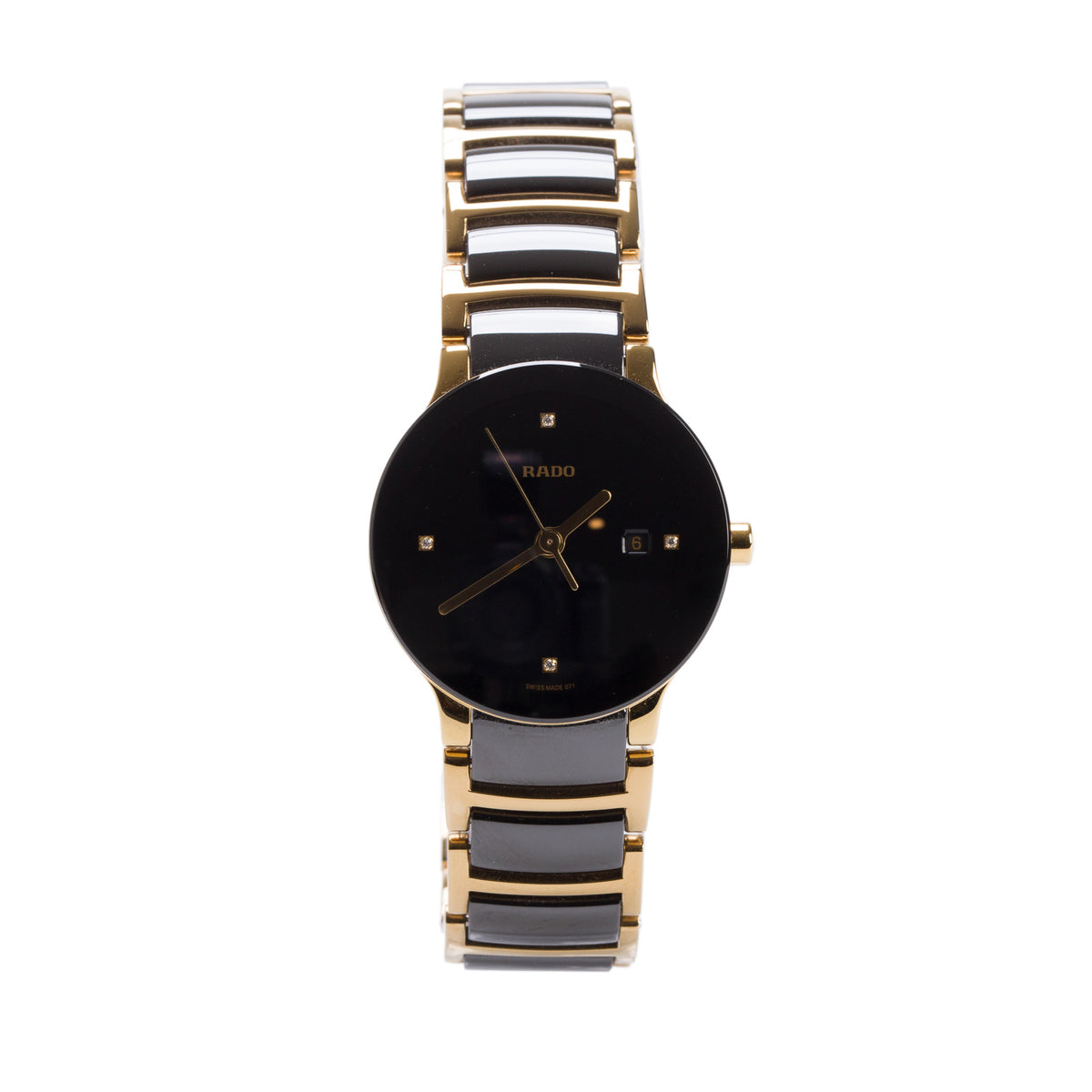 Rado Gold Plated Stainless Steel & Black Ceramic Centrix 28 MM Quartz Watch Black Diamond Dial