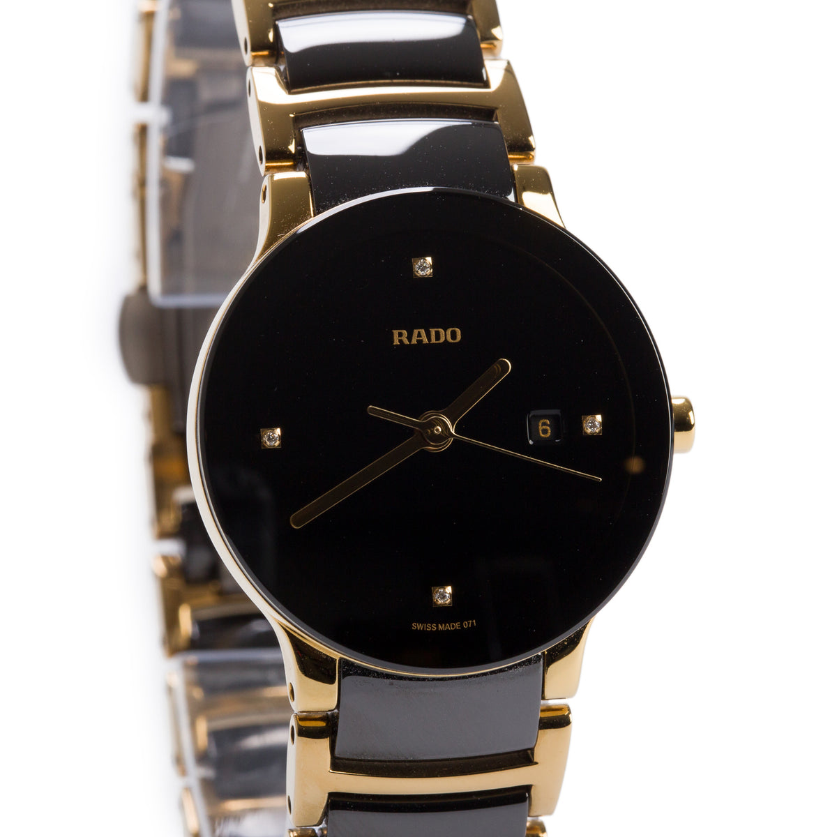 Rado Gold Plated Stainless Steel & Black Ceramic Centrix 28 MM Quartz Watch Black Diamond Dial