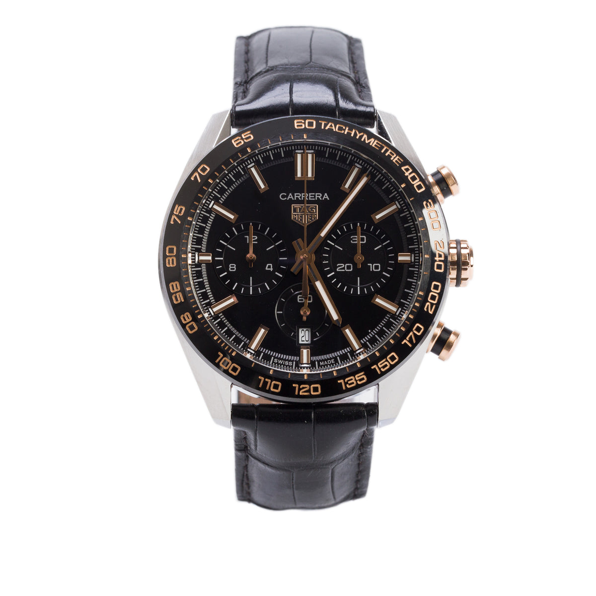 Tag Heuer 2025 Stainless Steel & 18k Rose Gold Carrera 44 MM Automatic Chronograph Watch Black Dial CBN2A5A w/ Box & Papers