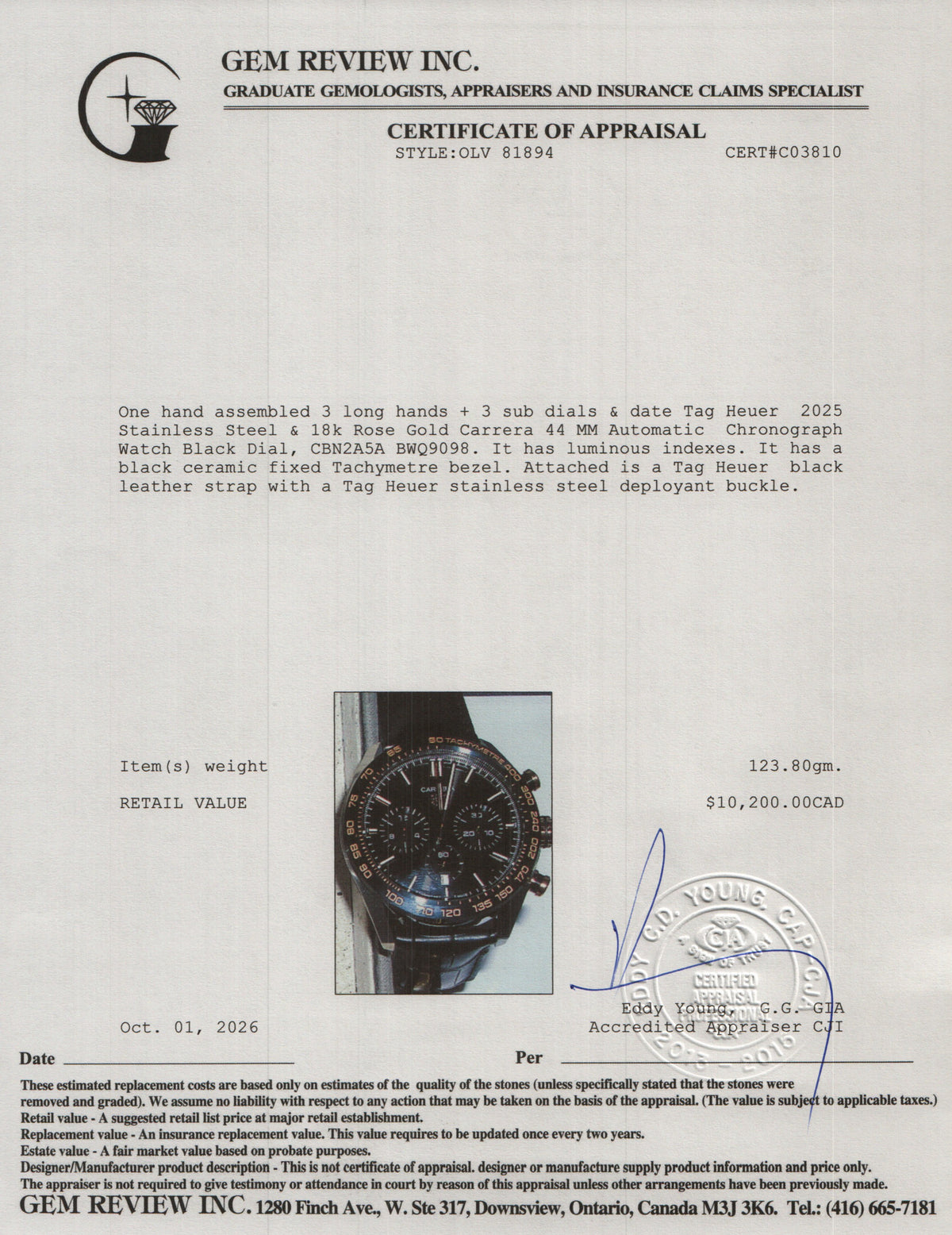 Tag Heuer 2025 Stainless Steel & 18k Rose Gold Carrera 44 MM Automatic Chronograph Watch Black Dial CBN2A5A w/ Box & Papers