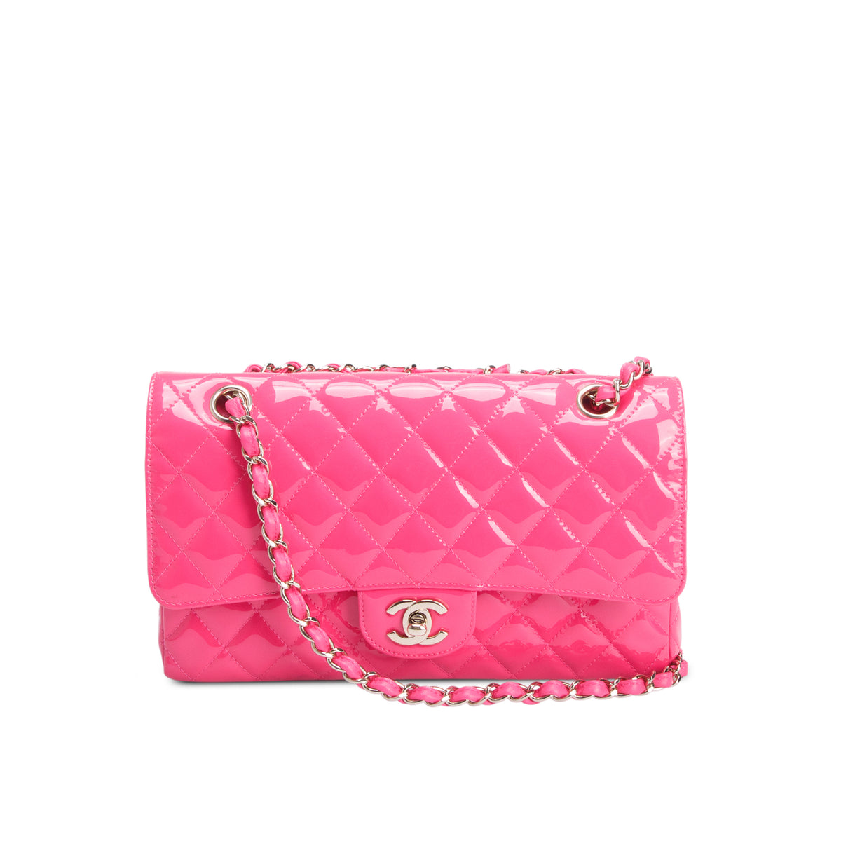 Chanel Pink Quilted Patent Leather Classic Medium Double Flap Bag