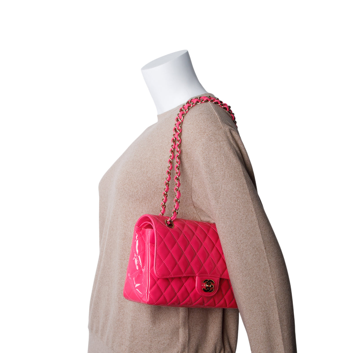 Chanel Pink Quilted Patent Leather Classic Medium Double Flap Bag