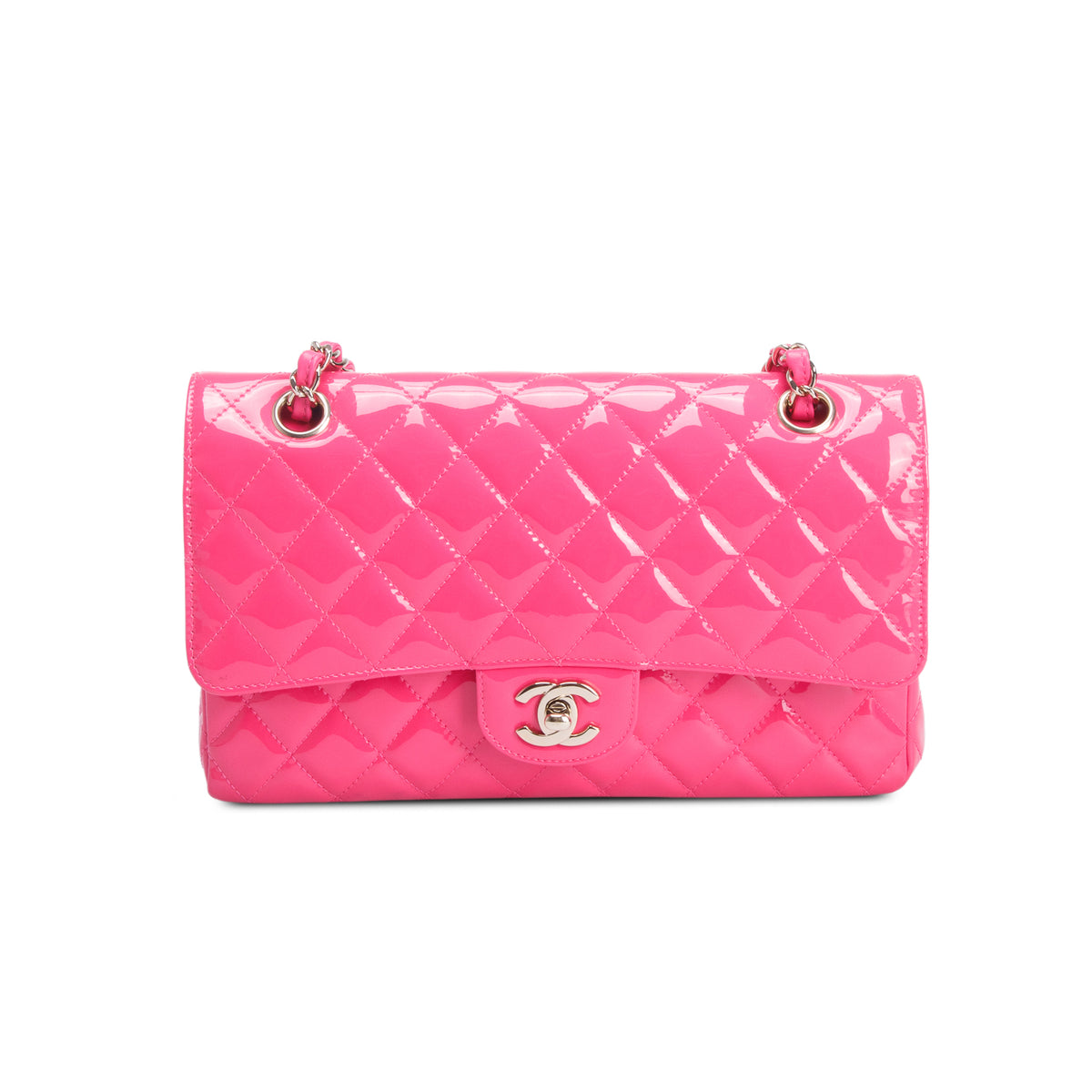 Chanel Pink Quilted Patent Leather Classic Medium Double Flap Bag