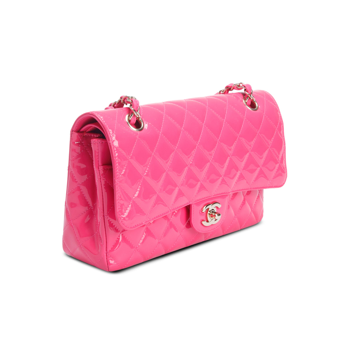 Chanel Pink Quilted Patent Leather Classic Medium Double Flap Bag