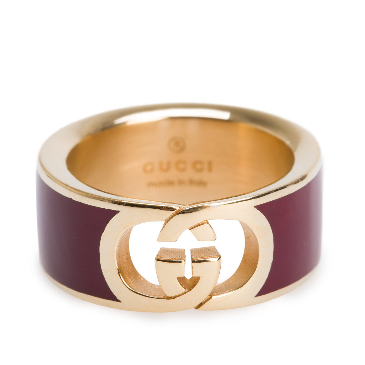 Gucci Gold Plated Burgundy Enamel Interlocking G Band Ring, Size L 9