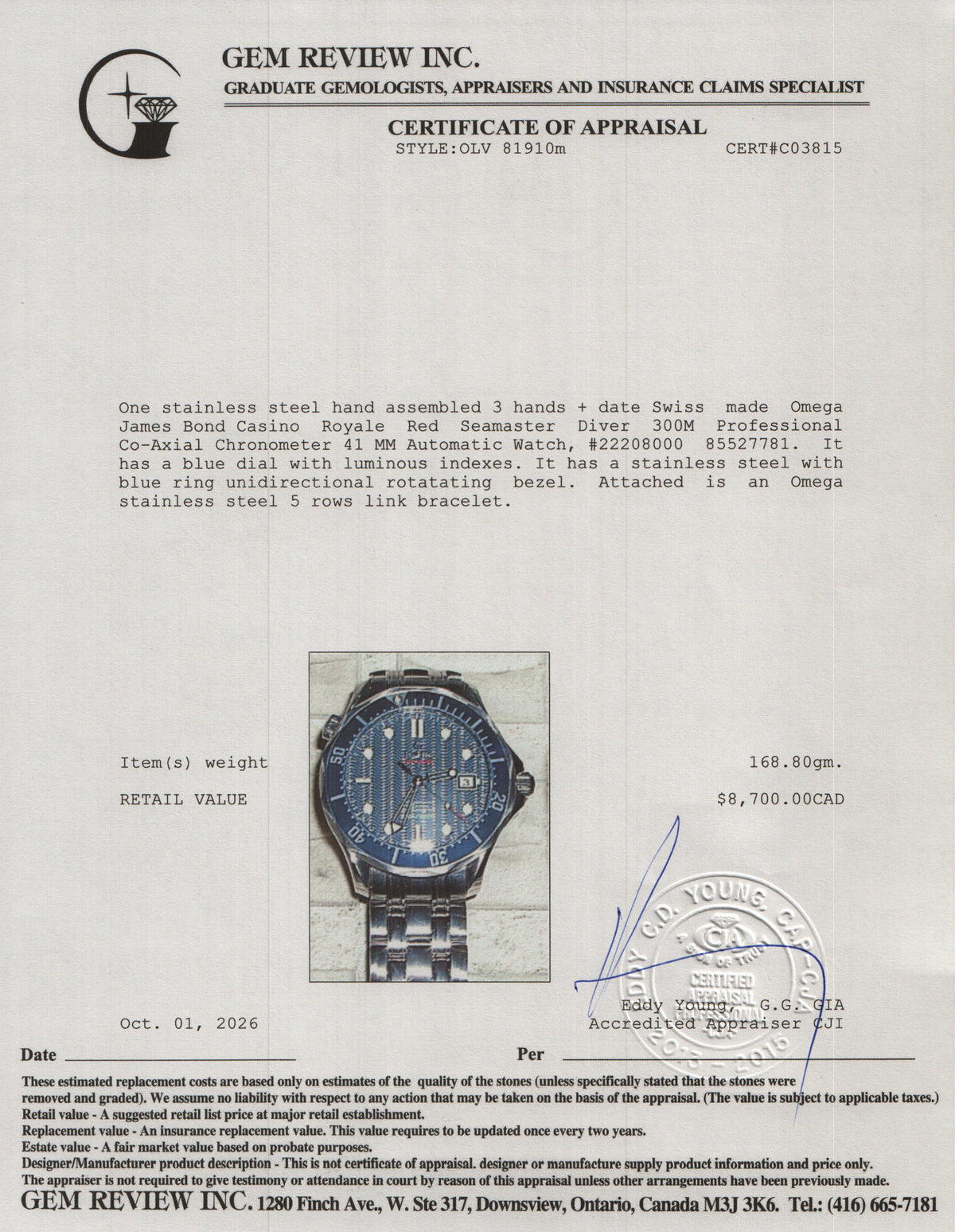 Omega Stainless Steel James Bond Casino Royal Red Seamaster 300M Professional Co-Axial Chronometer 41 MM Automatic Watch Blue Dial w/ Box & Papers