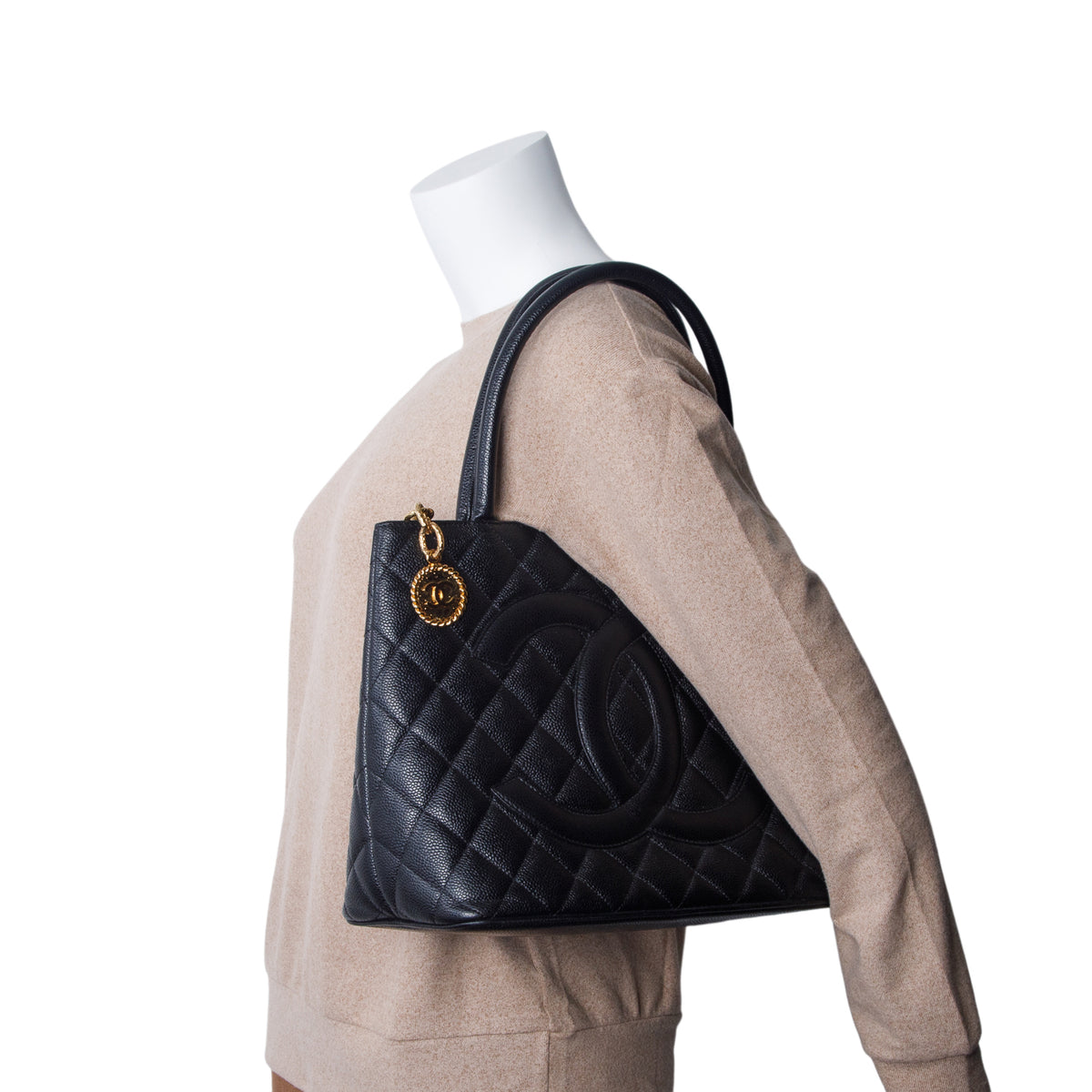 Chanel Black Quilted Caviar Leather Medallion Tote