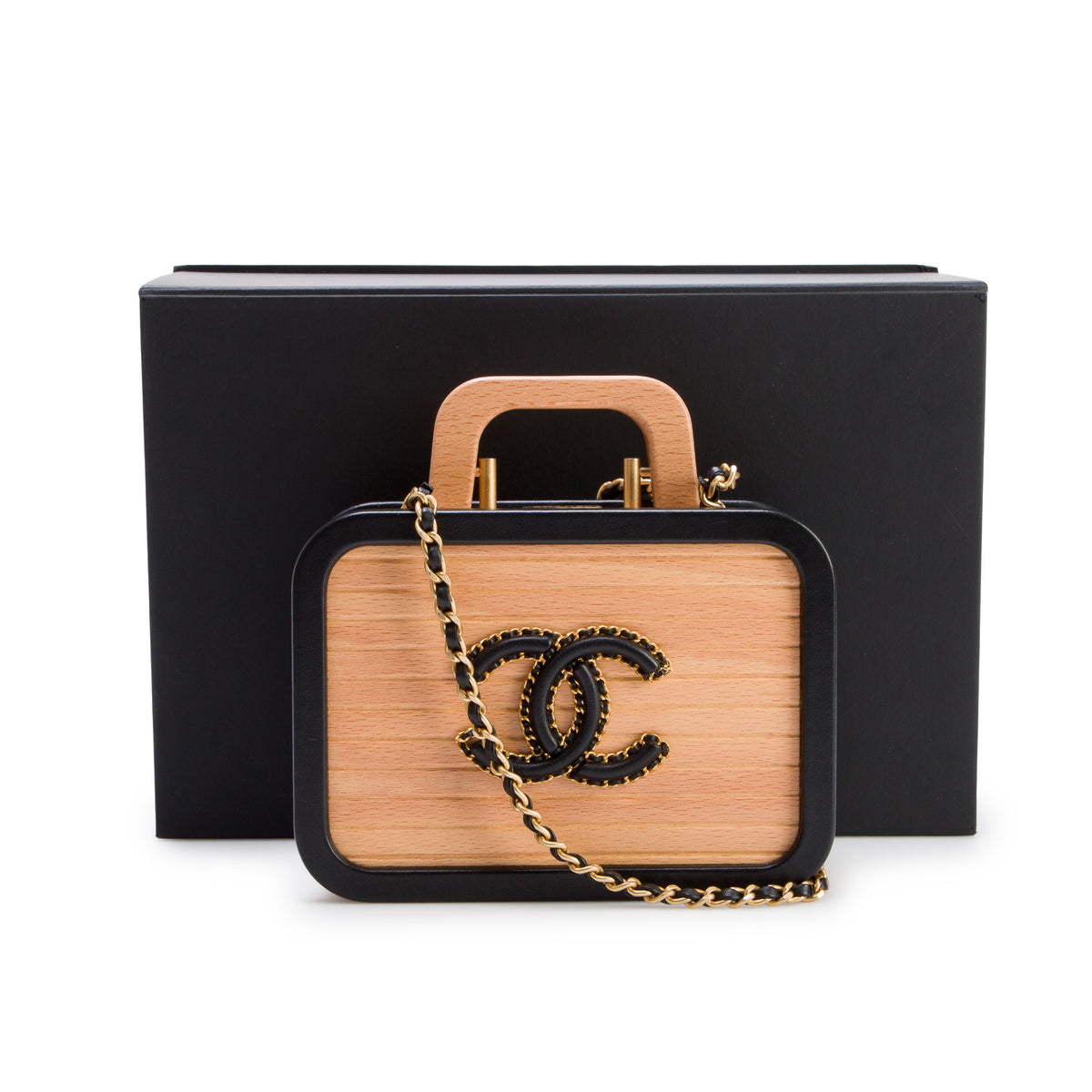 Chanel Beige Beech Wood Black Lambskin Leather Small CC Vanity Case w/ Box