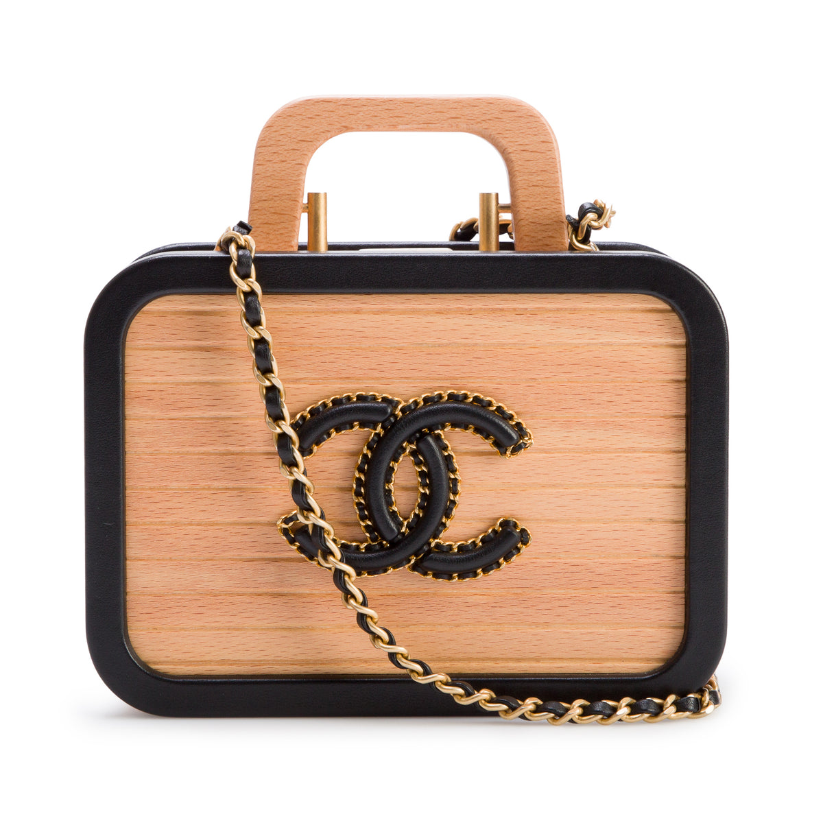 Chanel Beige Beech Wood Black Lambskin Leather Small CC Vanity Case w/ Box