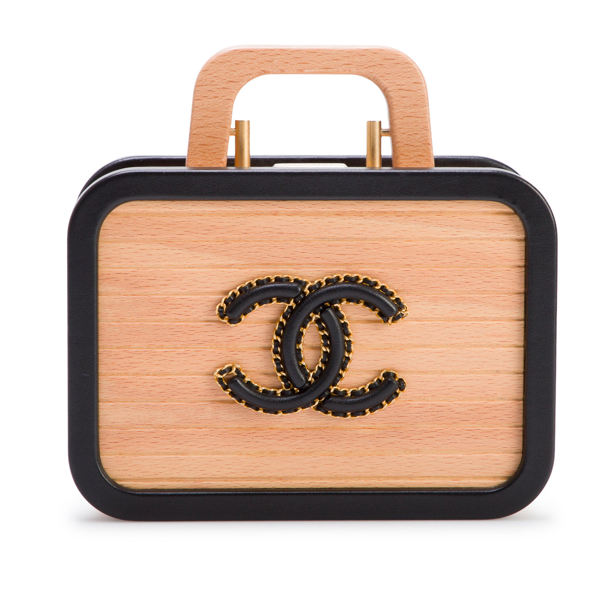 Chanel Beige Beech Wood Black Lambskin Leather Small CC Vanity Case w/ Box