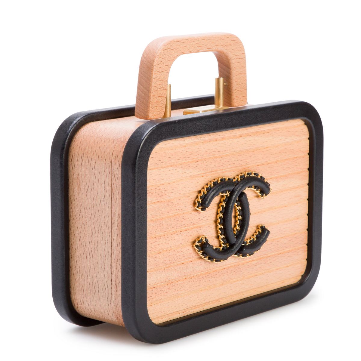 Chanel Beige Beech Wood Black Lambskin Leather Small CC Vanity Case w/ Box