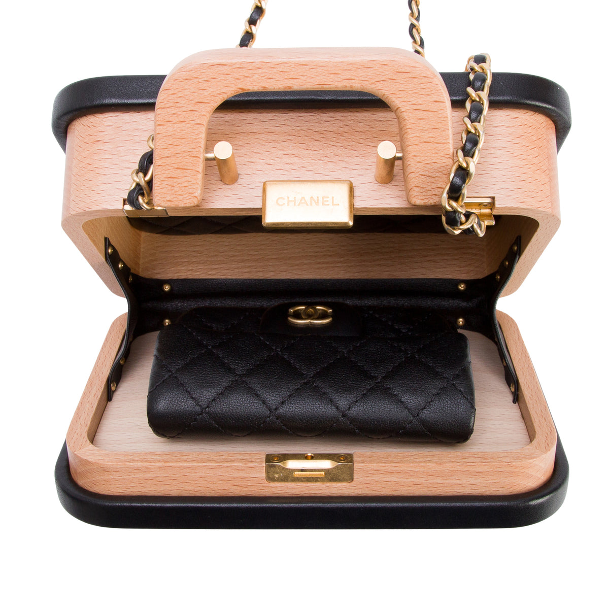 Chanel Beige Beech Wood Black Lambskin Leather Small CC Vanity Case w/ Box