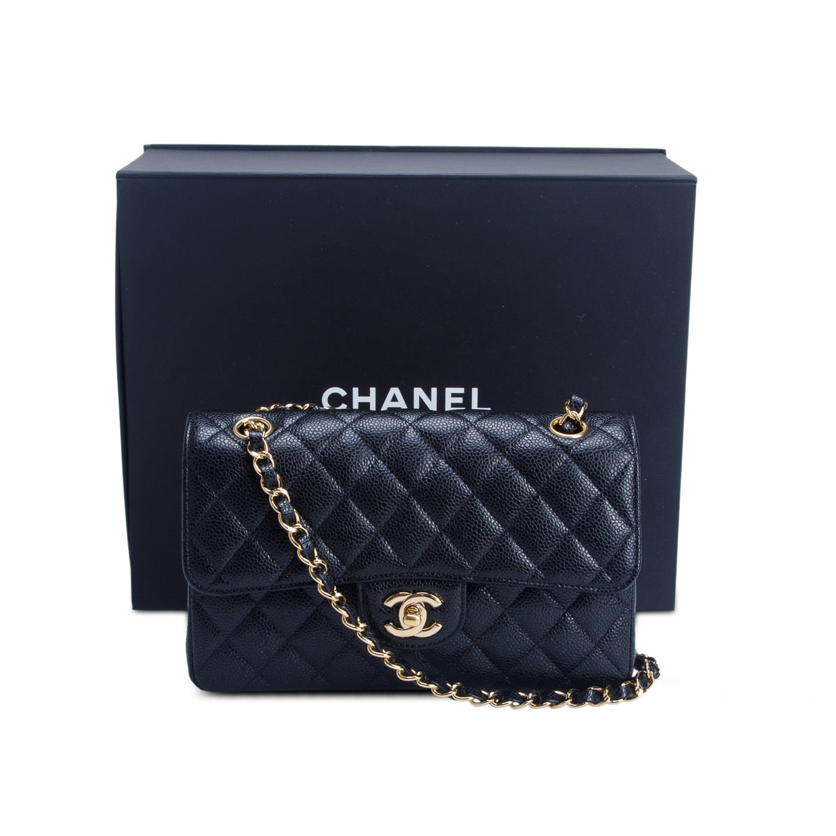 Chanel Black Quilted Caviar Leather Classic Small Double Flap Bag w/ Box & Authenticity Card
