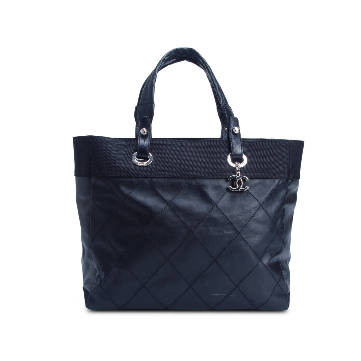 Chanel Black Coated Canvas Quilted Large Paris Biarritz Tote w/ Authenticity Card