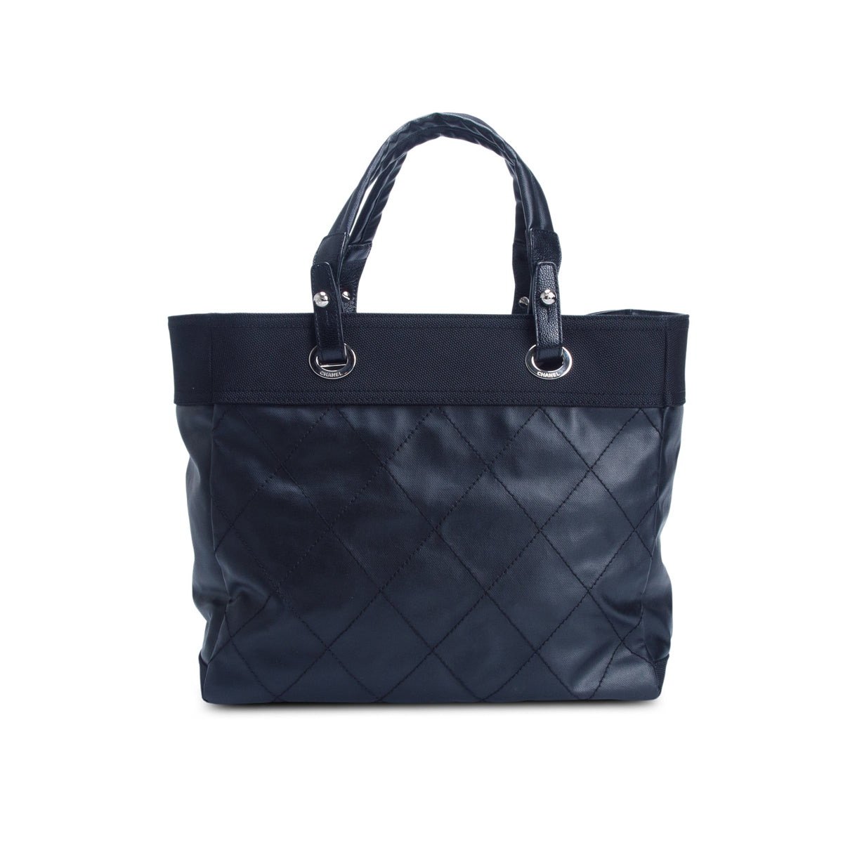 Chanel Black Coated Canvas Quilted Large Paris Biarritz Tote w/ Authenticity Card