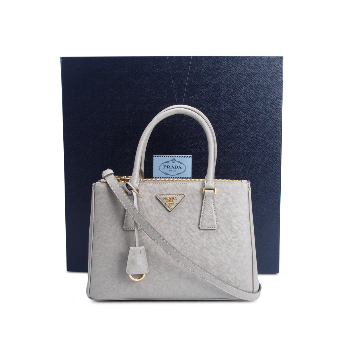 Prada 2020 Grey Saffiano Leather Small Double Zip Galleria Tote w/ Box, Authenticity Card & Strap