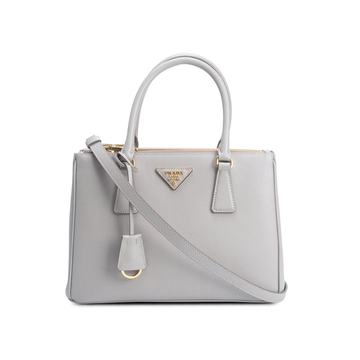 Prada 2020 Grey Saffiano Leather Small Double Zip Galleria Tote w/ Box, Authenticity Card & Strap