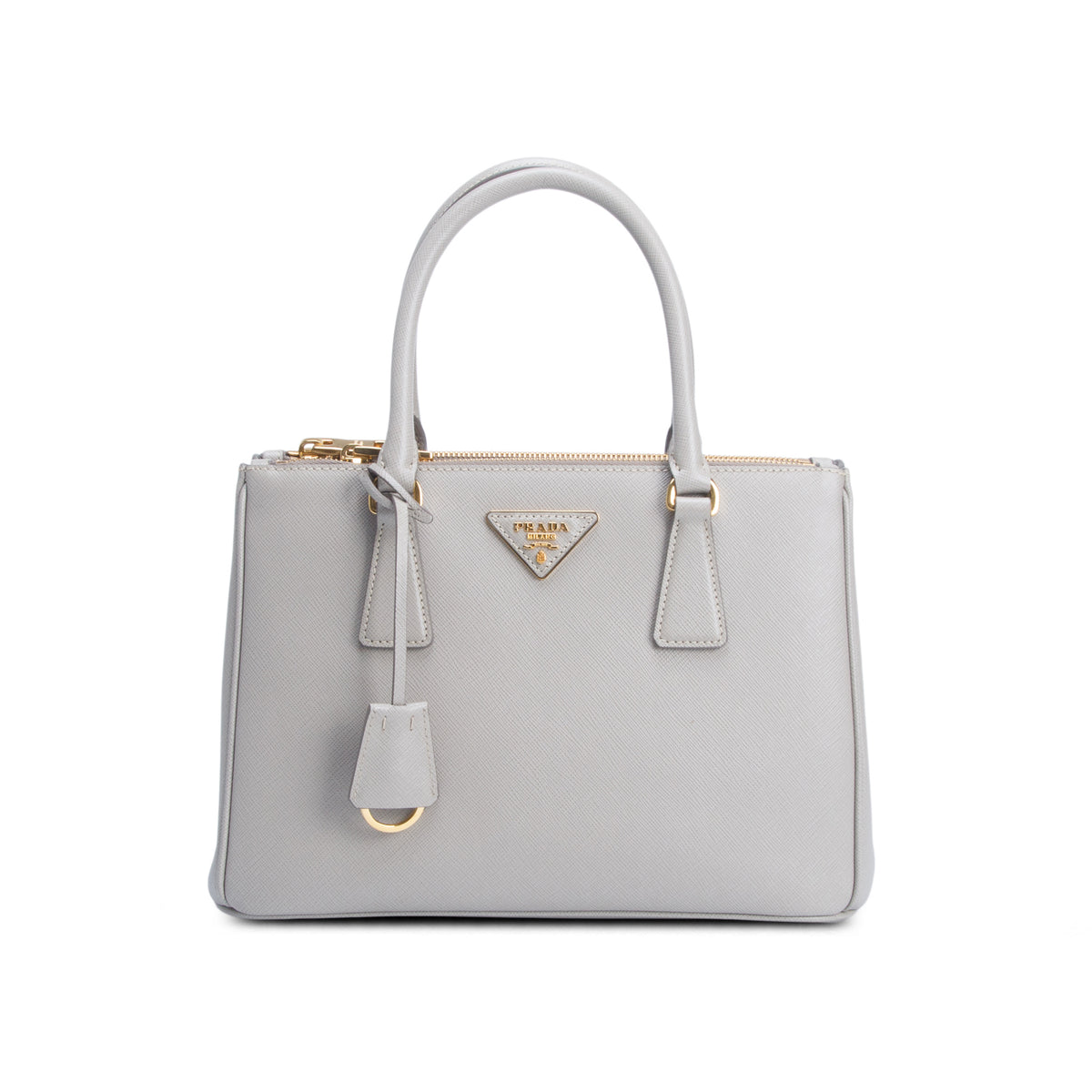 Prada 2020 Grey Saffiano Leather Small Double Zip Galleria Tote w/ Box, Authenticity Card & Strap
