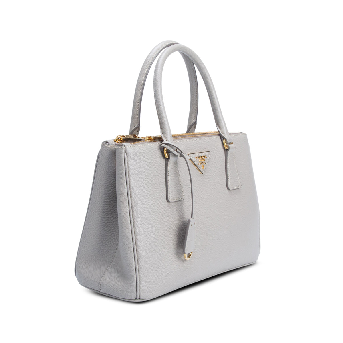 Prada 2020 Grey Saffiano Leather Small Double Zip Galleria Tote w/ Box, Authenticity Card & Strap