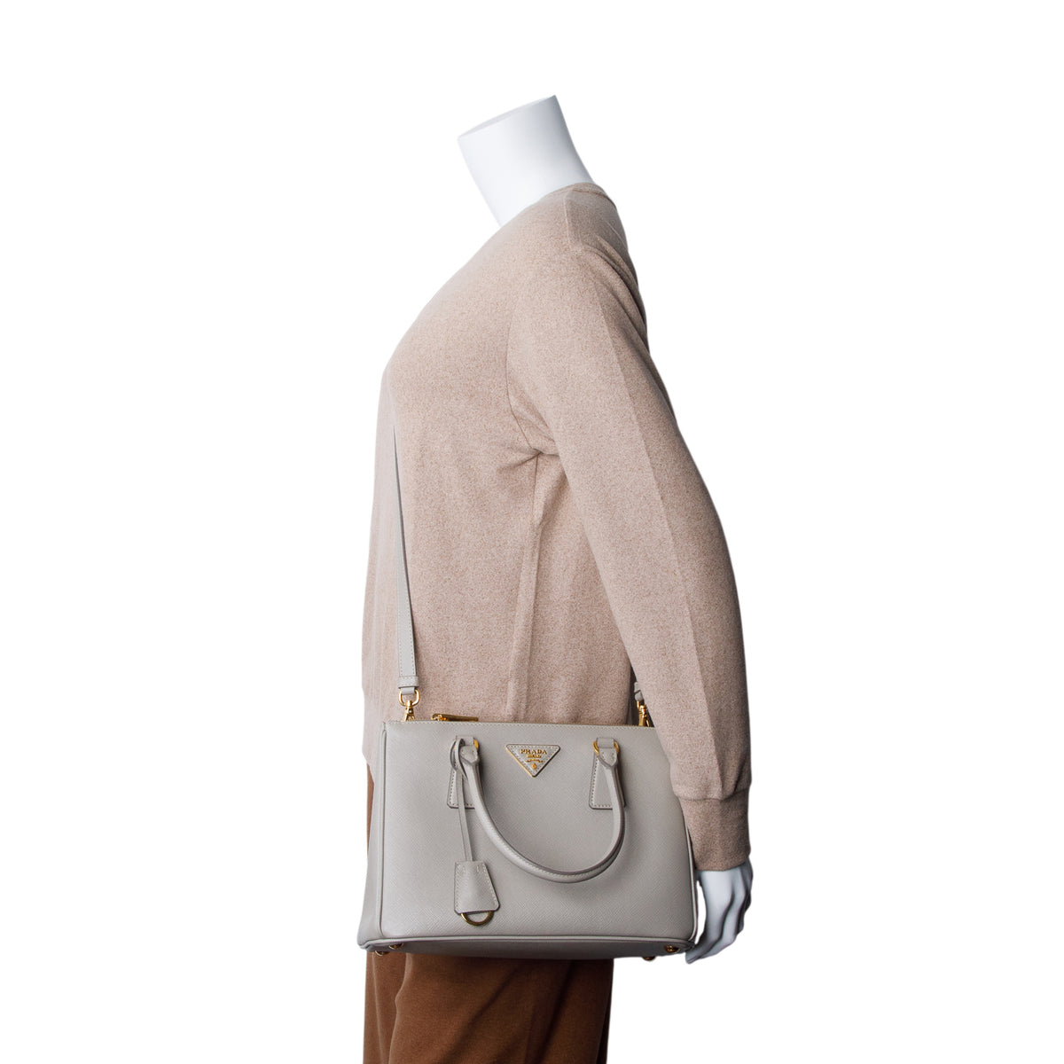 Prada 2020 Grey Saffiano Leather Small Double Zip Galleria Tote w/ Box, Authenticity Card & Strap