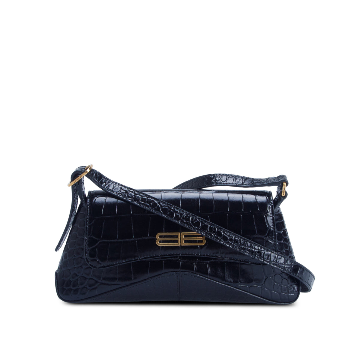 Balenciaga Black Shiny Super Supple Calfskin Crocodile Embossed Small XX Flap Bag