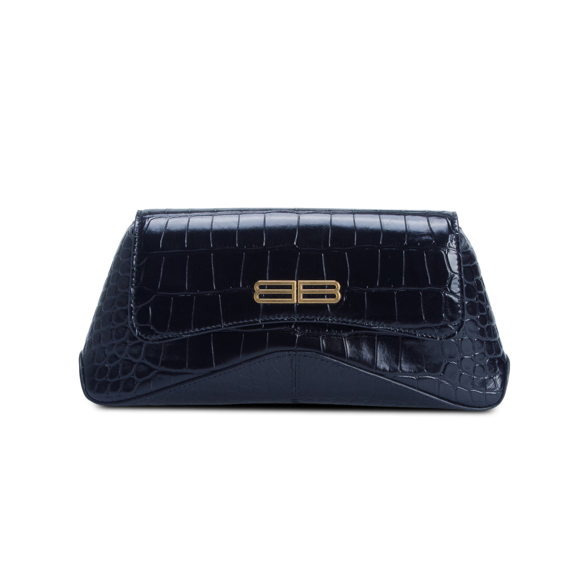 Balenciaga Black Shiny Super Supple Calfskin Crocodile Embossed Small XX Flap Bag