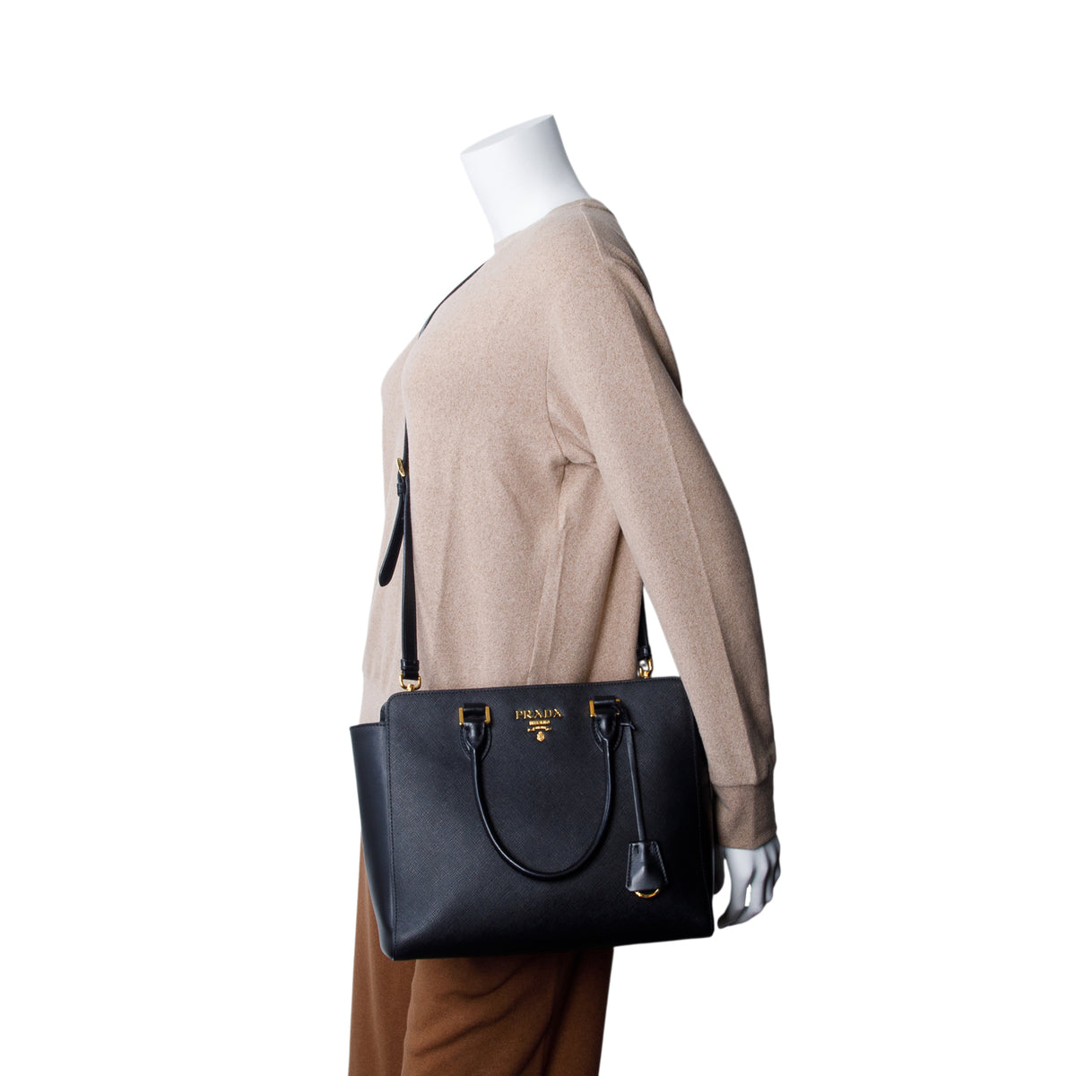 Prada Black Saffiano Soft Calfskin Small Zippered Tote w/ Strap