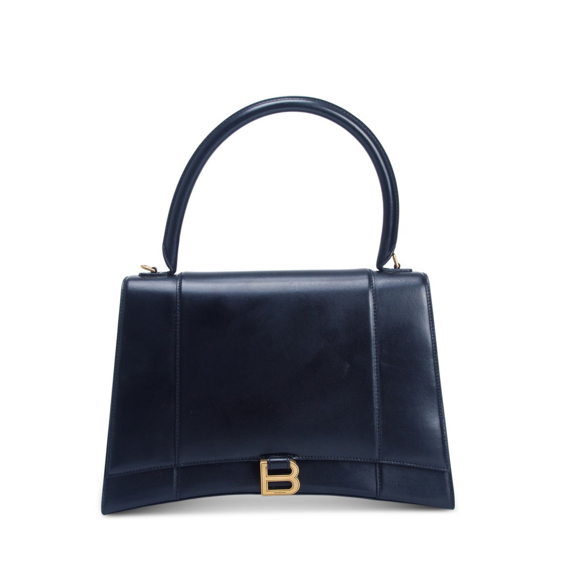 Balenciaga Black Shiny Box Calfskin Medium Hourglass Top Handle Bag w/ Strap