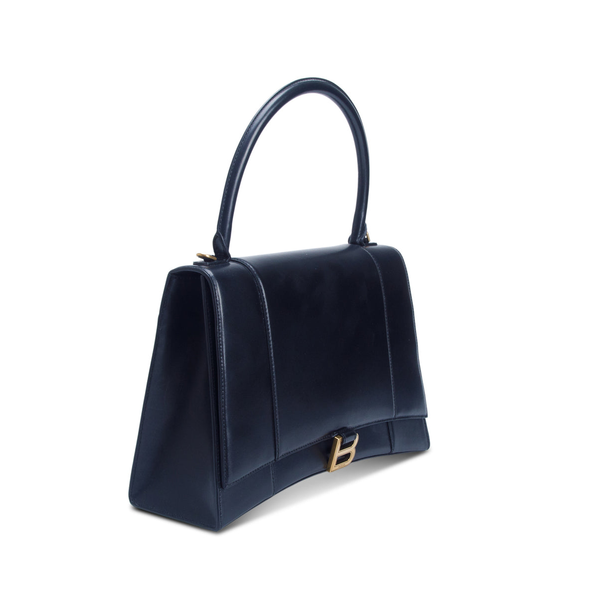Balenciaga Black Shiny Box Calfskin Medium Hourglass Top Handle Bag w/ Strap