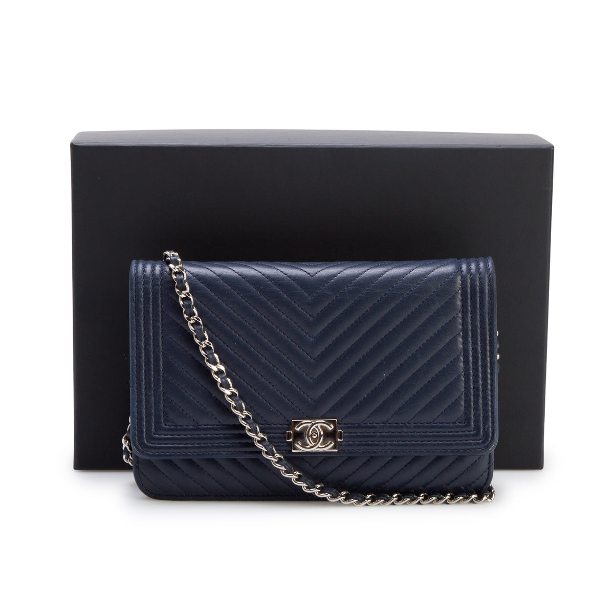 Chanel Navy Lambskin Chevron Boy Wallet on Chain w/ Box