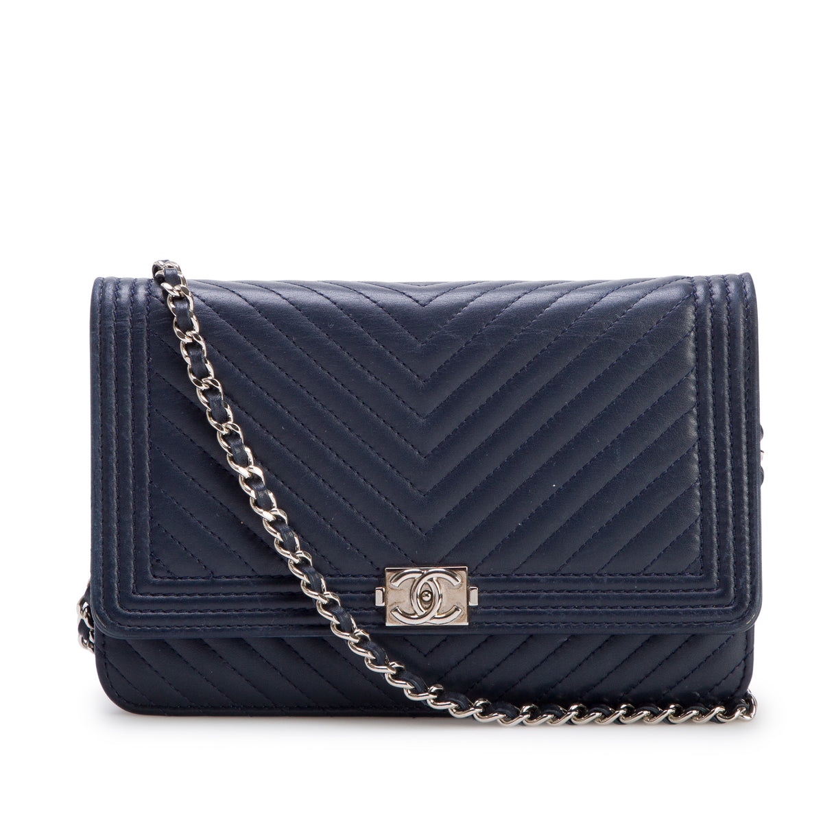 Chanel Navy Lambskin Chevron Boy Wallet on Chain w/ Box