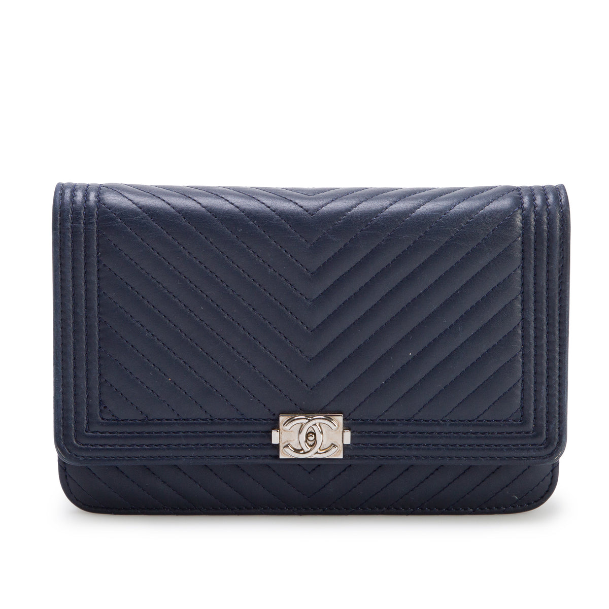 Chanel Navy Lambskin Chevron Boy Wallet on Chain w/ Box