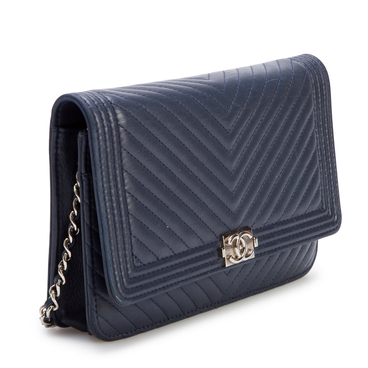 Chanel Navy Lambskin Chevron Boy Wallet on Chain w/ Box