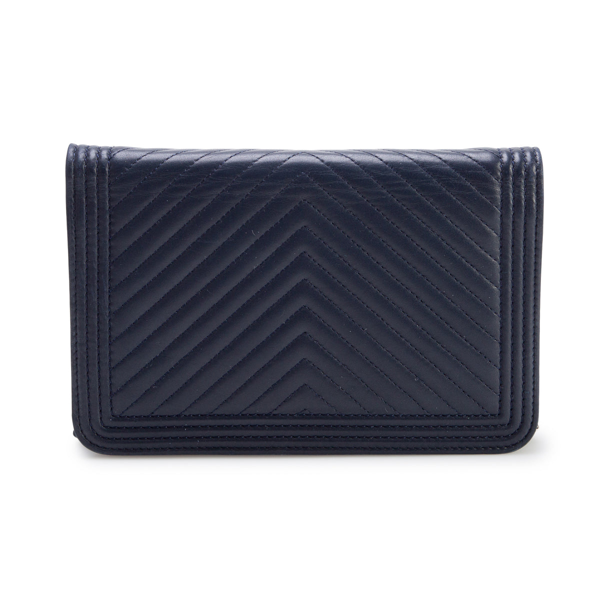 Chanel Navy Lambskin Chevron Boy Wallet on Chain w/ Box