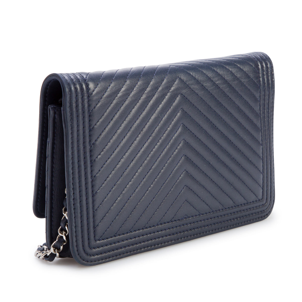 Chanel Navy Lambskin Chevron Boy Wallet on Chain w/ Box