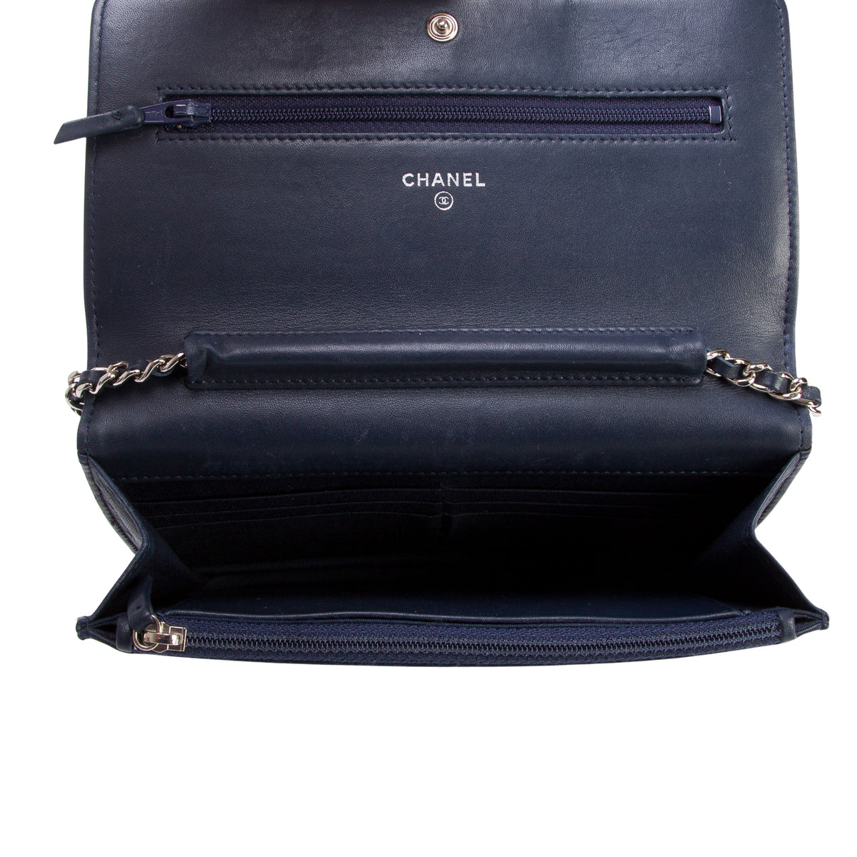 Chanel Navy Lambskin Chevron Boy Wallet on Chain w/ Box