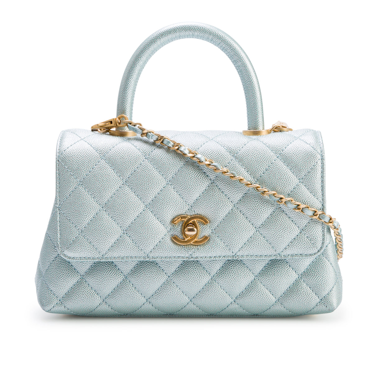 Chanel Metallic Blue Caviar Quilted Mini Coco Top Handle Flap Bag