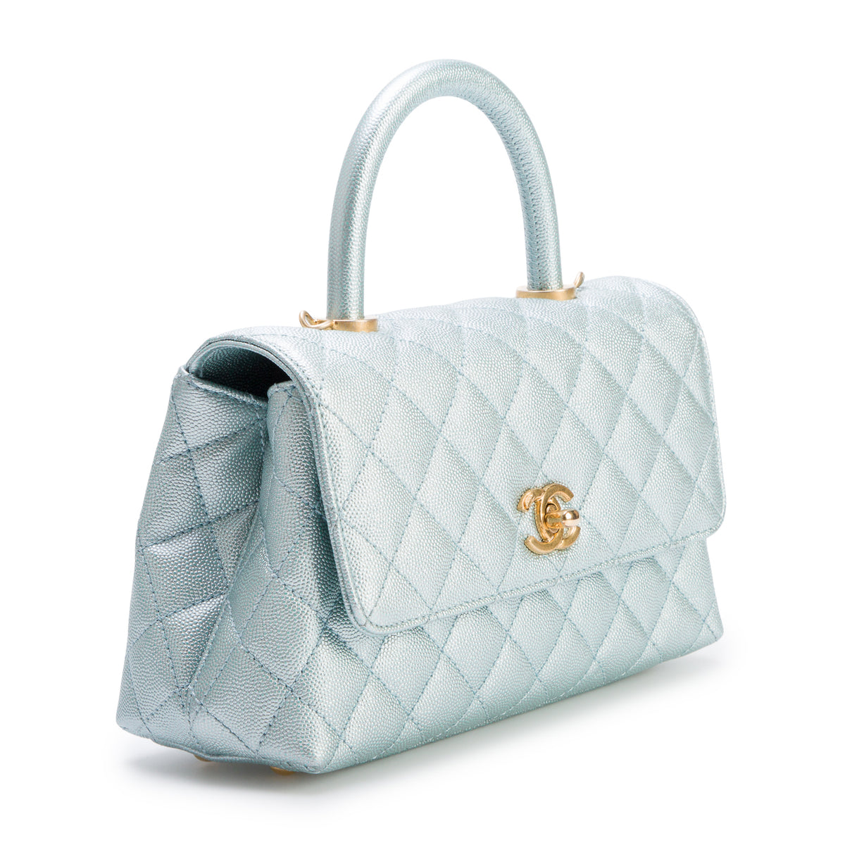 Chanel Metallic Blue Caviar Quilted Mini Coco Top Handle Flap Bag