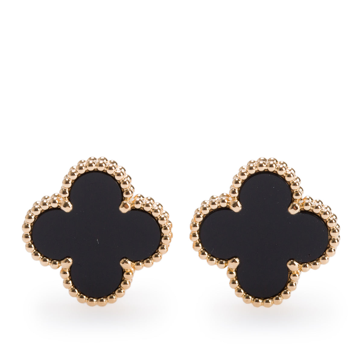 Van Cleef & Arpels 2024 18k Yellow Gold Vintage Alhambra Onyx Stud Earrings w/ Box, Receipt & Certificate